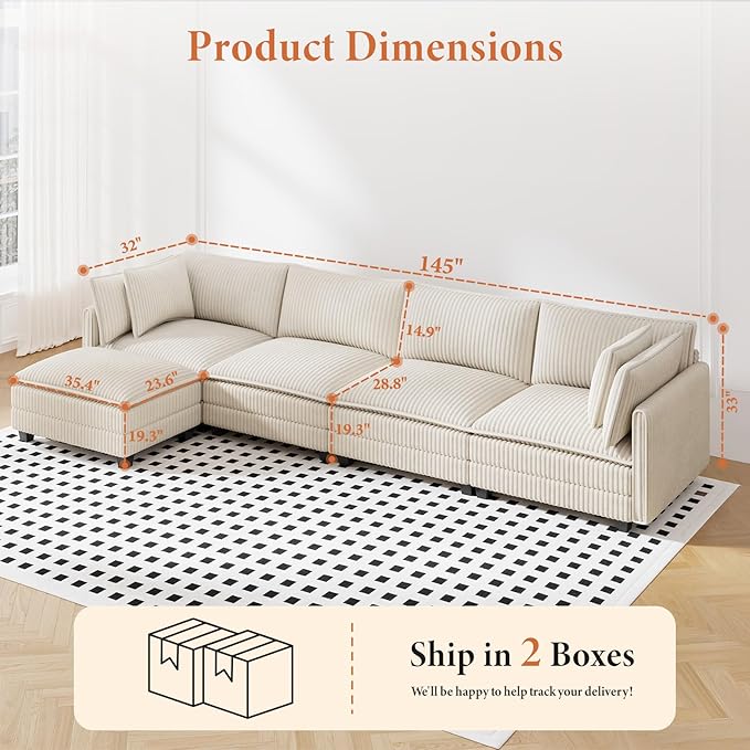 Vesgantti 143" L Shaped Modular Sectional Sofa, Comfy Corduroy Upholstered - Image 2