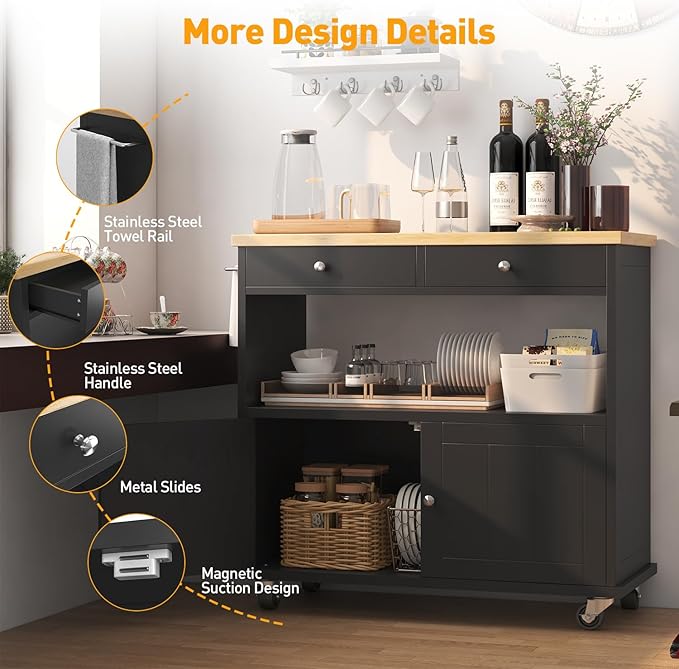 Rolling Kitchen Island with Storage Cabinet, 35.4'' Width Kitchen Cart - Image 7