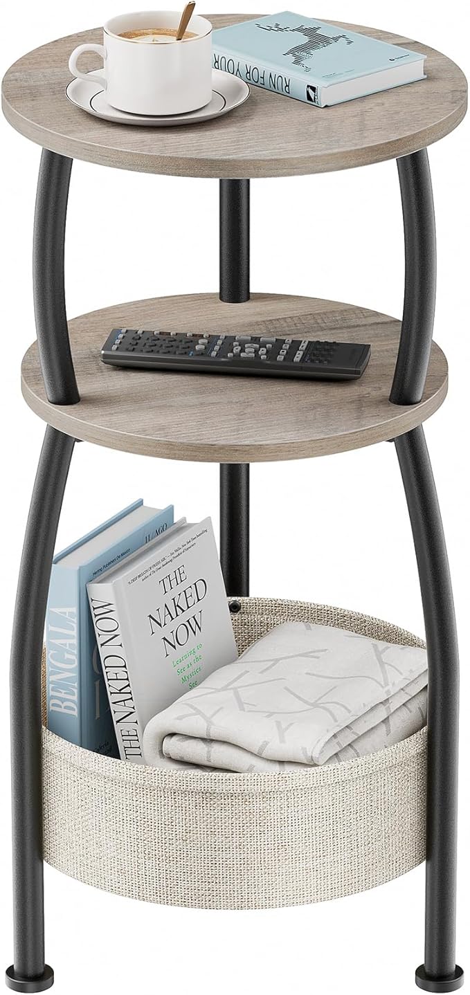 Round Side Table with Storage Basket –Small Space Saving End Table 3-Tier by Yuede