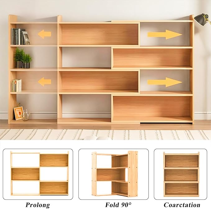 Wooden Extendable Bookcase, Open Low Bookshelf, 4-Shelf Storage Unit, - Image 3