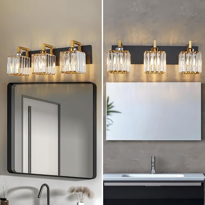 Modern Bathroom Vanity Light 3-Lights Black Gold Crystal Wall Lamp Bathroom - Image 3