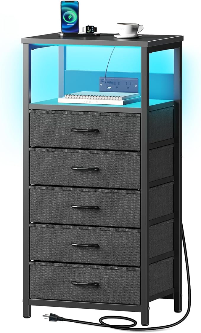 Seventable Night Stand with Charging Station, Tall Nightstand with 5 Fabric by Seventable