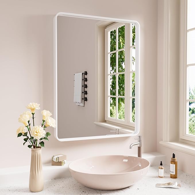 White Bathroom Mirror 40x30 Inch, Rounded Rectangle Matte Bathroom Vanity Mirror - Image 8