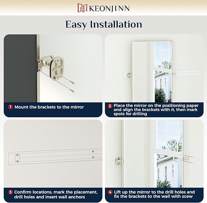 Keonjinn 24 x 36 Inch Pivot Mirror Bathroom, Brushed Nickel Tilt Mirror Bathroom - Image 8