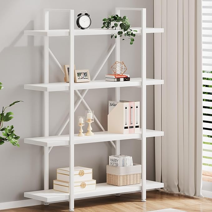 HSH 4 Tier White Bookshelf, Modern 4 Shelf Etagere Bookcase, Industrial Wood - Image 4