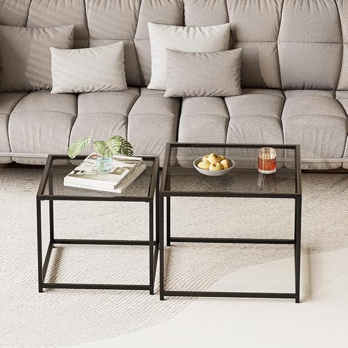 VILAWLENCE Coffee Table Set of 2, Modern Grey Glass Side Table, Metal Frame - Image 4