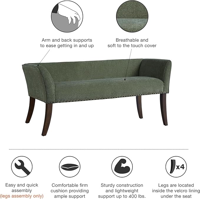 Madison Park Accent Bench, Plush Upholstered, Nailhead Trim, & Padded Seat - Image 6