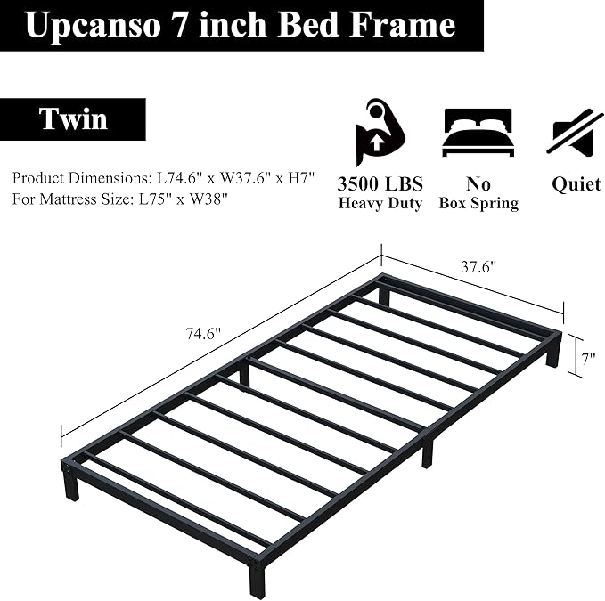 7 Inch Twin Bed Frames No Box Spring Need, Low Profile Metal Platform Twin Size - Image 3