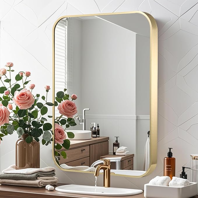 Gold Bathroom Mirror, 20x28 Inch Brushed Gold Mirror, Aluminum Alloy Framed by CLBA