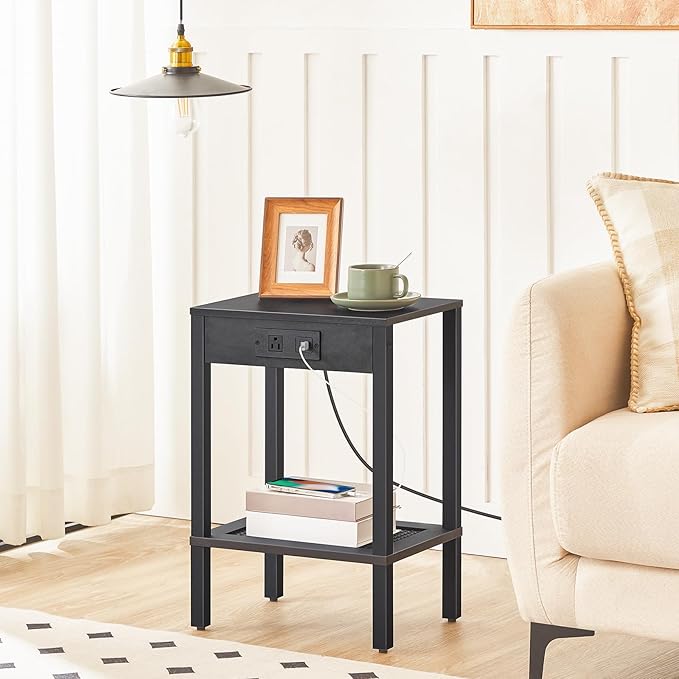 HOOBRO Side Table with Charging Station, Nightstand with 2-Tier Storage Shelf - Image 9