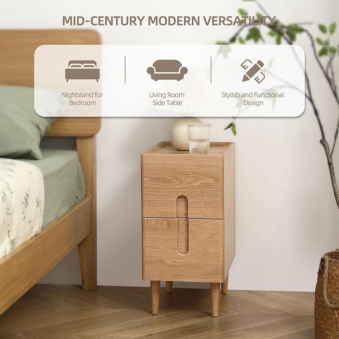 Solid Wood Bedside Table Nightstands, Slim Narrow Oak Real Wooden Mid-Century - Image 4