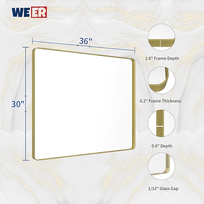 WEER Gold Bathroom Mirror, 36X30 Inch Brushed Gold Metal Frame Mirror, Rounded - Image 6