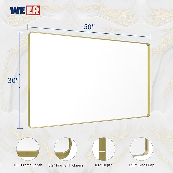 WEER Gold Bathroom Mirror, 50X30 Inch Brushed Gold Metal Frame Mirror, Rounded - Image 6