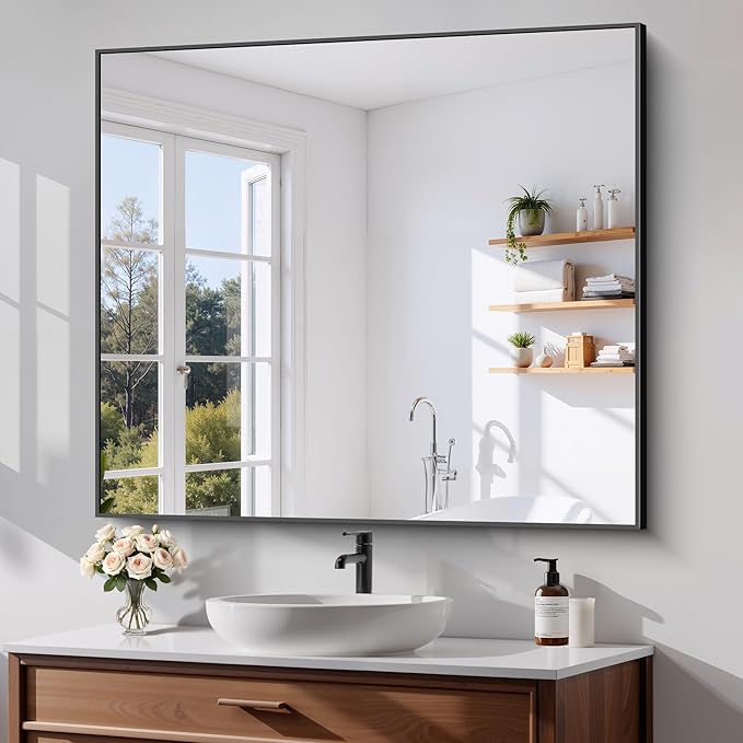 Black Bathroom Mirror for Wall, 36x40 Inch Rectangle Mirrors by Welcometocofeny