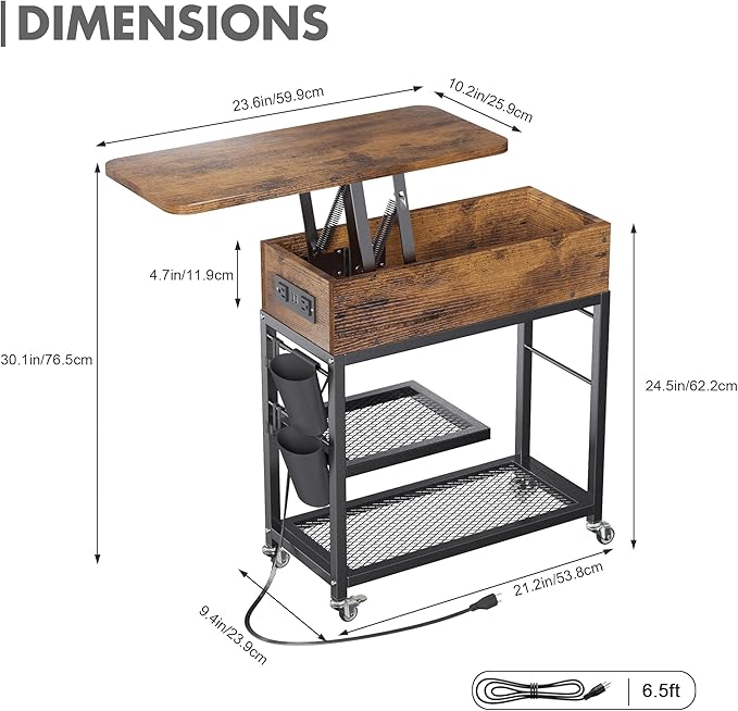 Colima Lift Top End Table with Charging Station and Wheels, Sofa Side Table - Image 3