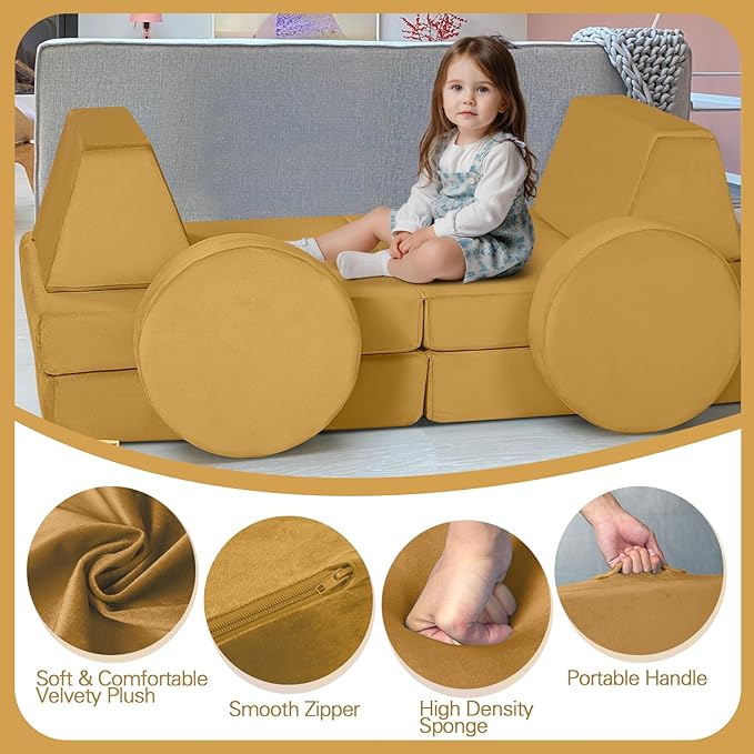 MeMoreCool Modular Kids Couch Sofa, Mustard 8-Piece Convertible Foam Play Couch - Image 6