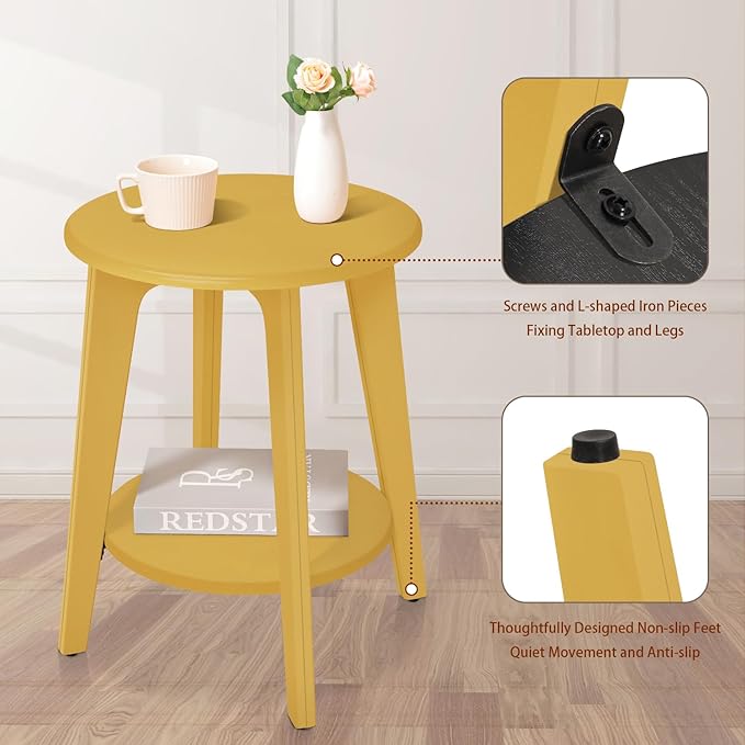 Round Side Table Gold Wooden End Table - Image 5