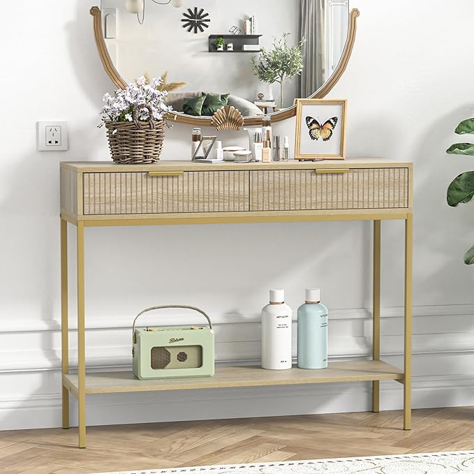 Anmytek Console Table with Storage, Wood Entryway Table with 2 Drawers - Image 7