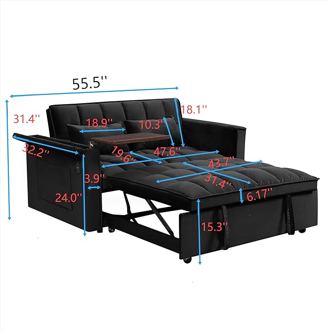Ball & Cast 55" 3 in 1 Sleeper Sofa Bed Velvet Upholstered Pull Out Couch - Image 2