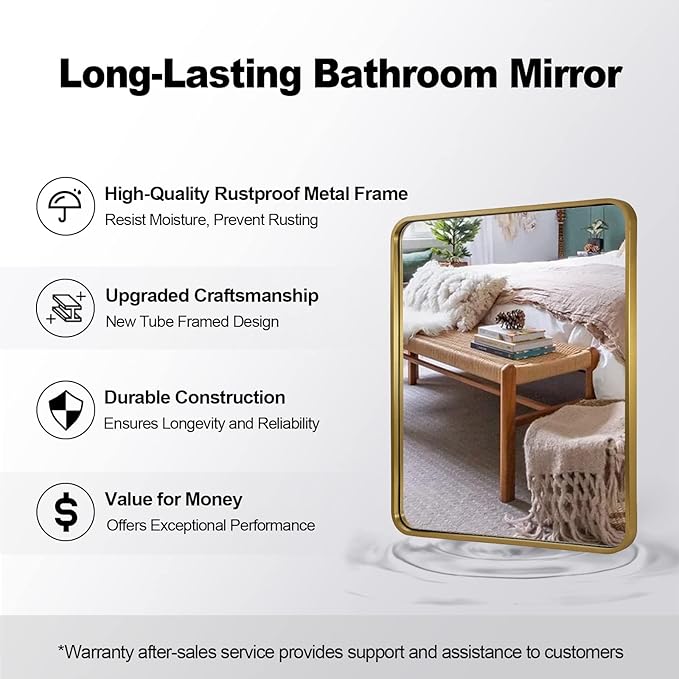 ANDY STAR Gold Bathroom Mirror for Wall, 30x36’’ Brushed Gold Rounded Rectangle - Image 6