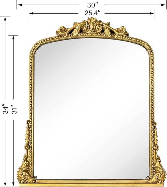 Antiqued Gold Ornate Mirror Arched Mantel Wall Mirror Baroque Inspired Bathroom - Image 7
