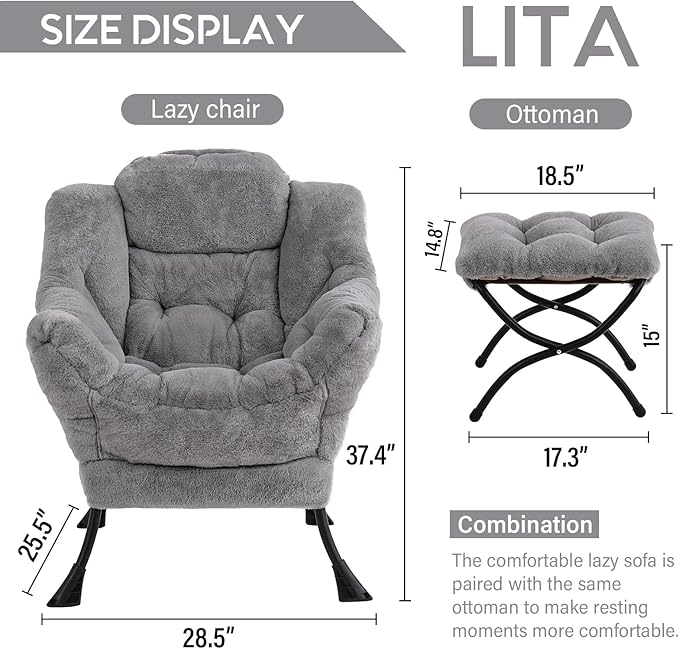 LITA Lazy Chair with Ottoman, Modern Accent Leisure Upholstered Sofa, - Image 3
