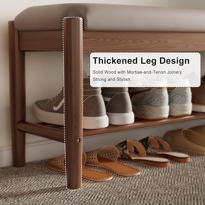 Shoe Bench Entryway with Cushion, Solid Wood Bench with Shoe Storage, 2-Tier - Image 3