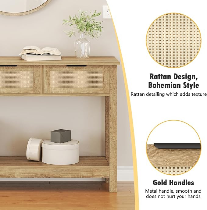Luoxiao Rattan Console Table Boho Entryway Table - Image 9