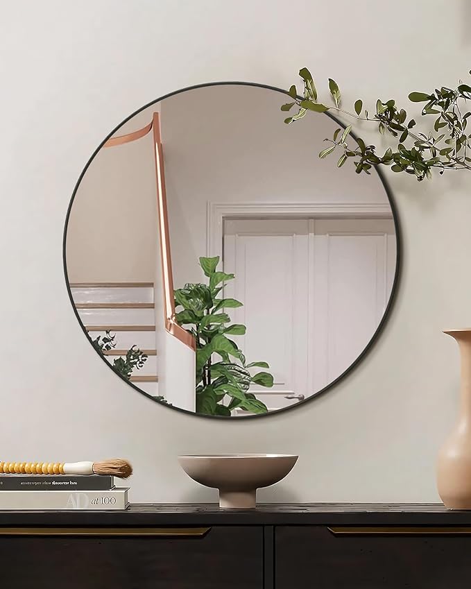 Black Round Mirror, Bathroom 24 Inch Vanity Wall Mirror, Modern Circle Mirror - Image 2