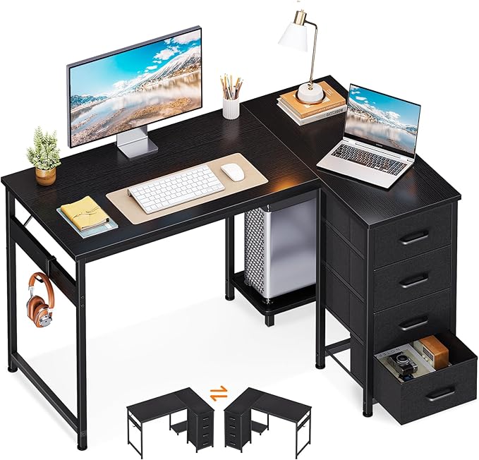 Casaottima L Shaped Desk with 4 Drawers, Reversible Kids Study Table with CPU by Casaottima
