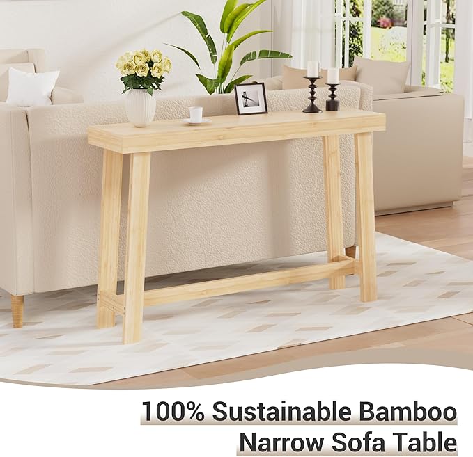 Bamboo Wood Entryway Table 47.2" Console Table, Narrow Sofa Table - Image 3