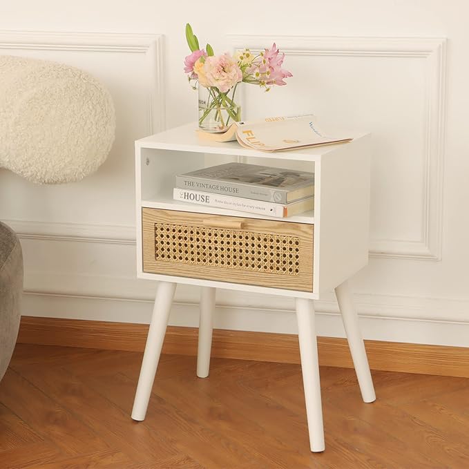 MaxSmeo White Nightstand with Drawer, Mid Century Modern Nightstand, Rattan - Image 3