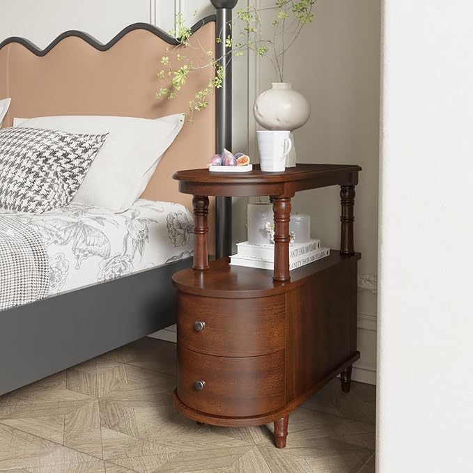 Wood End Table with 2 Drawers and Storage Shelf, Narrow Sofa Side Table - Image 7