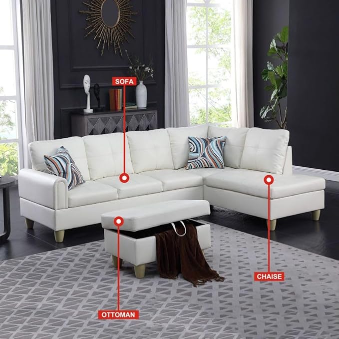 White L-Shaped 3-Piece Faux Leather Sofa - Image 3