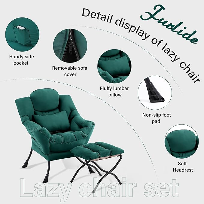 Lazy Chair with Ottoman, Comfy Fabric Accent Lounge Arm Chair with Lumbar - Image 3