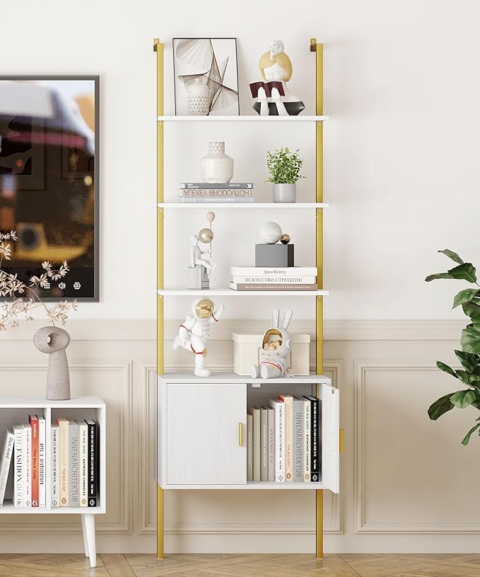 Yusong 73" Tall Bookshelf with Cabinet, Industrial Ladder Wall Mount Shelf - Image 6