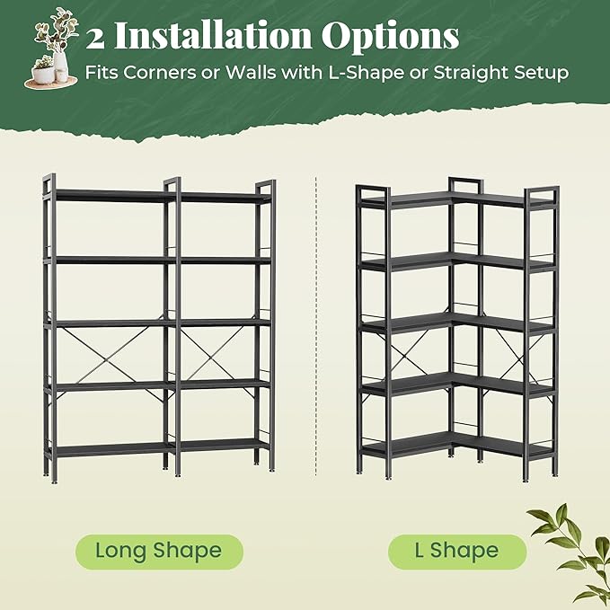 Huuger 5 Tier Bookshelf, L Shaped Corner Bookshelf - Image 9
