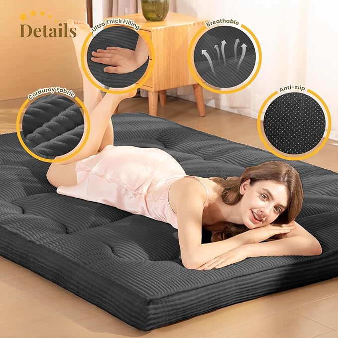 Japanese Floor Mattress, Corduroy Foldable Floor Pad, Roll Up Tatami Mat - Image 3