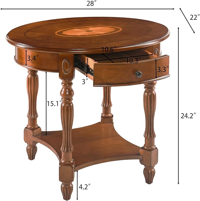 Solid Wood End Table with Drawer and Storage Shelf, Oval Sofa Side Table with - Image 3
