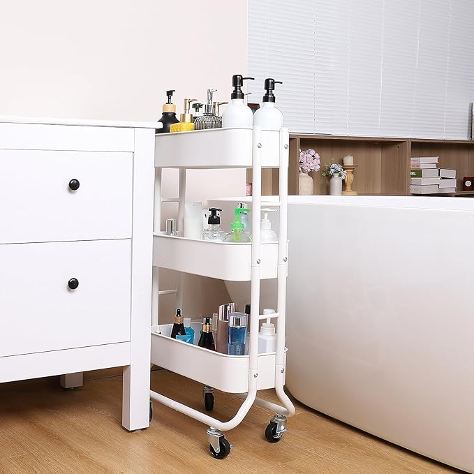 MAX Houser Slim 3-Tier Rolling Utility Cart, Narrow Metal Bathroom Storage - Image 3