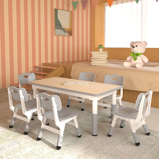 Kids Table and 6 Chairs Set，Height Adjustable Children Table & Chair，Toddlers - Image 6