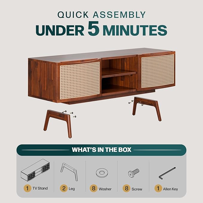 Bme TV Stand with Elegant Curved Shape & Inlaid Rattan, Nancy Solid Wood Tv - Image 4