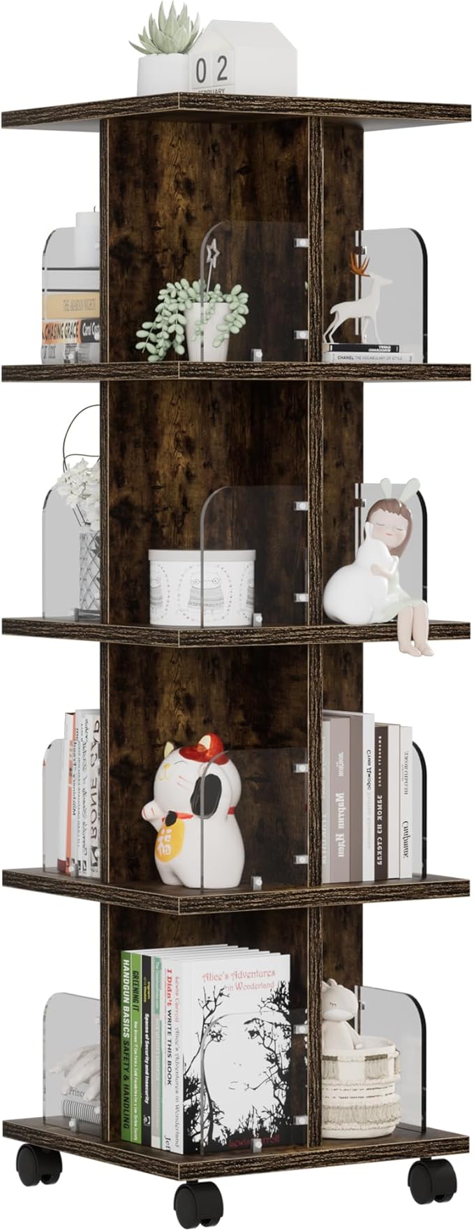 VECELO Rotating Bookshelf with Brake Wheels, 360°Display 4 Tier Floor Stackable by VECELO