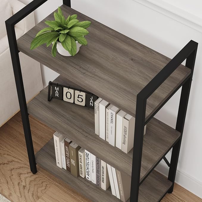 BON AUGURE 3 Tier Bookshelf, Small Rustic Book Shelf, Short Industrial Bookcase - Image 3