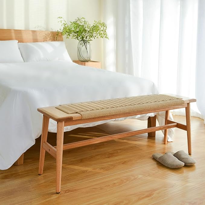 OOKSEN Entryway Bench, Solid Wood Dining Bench, 31.5" Wooden End of Bed Benches - Image 3