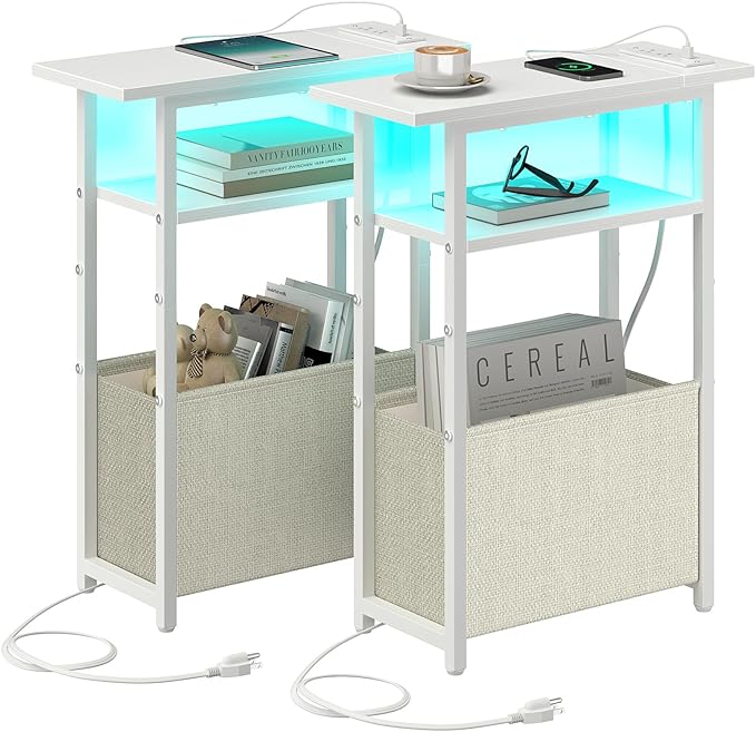 Narrow Side Table with Charging Station, LED End Table Set of 2 by Unknown