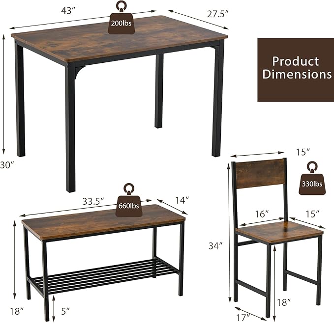 Tangkula Dining Table Set for 4, Kitchen Table and 2 Chairs for 4 - Image 6
