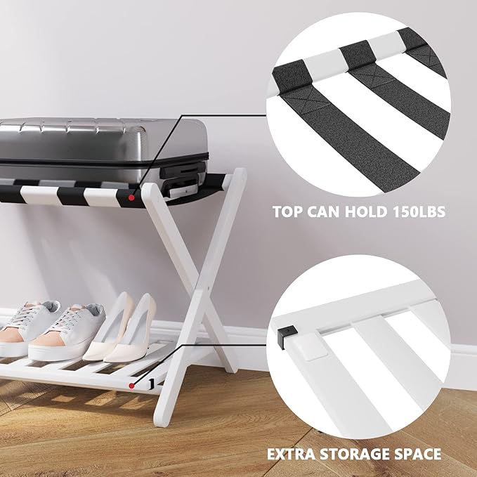 Fully Assembled White Bamboo Luggage Rack, 5 Straps Folding Suitcase Stand - Image 2