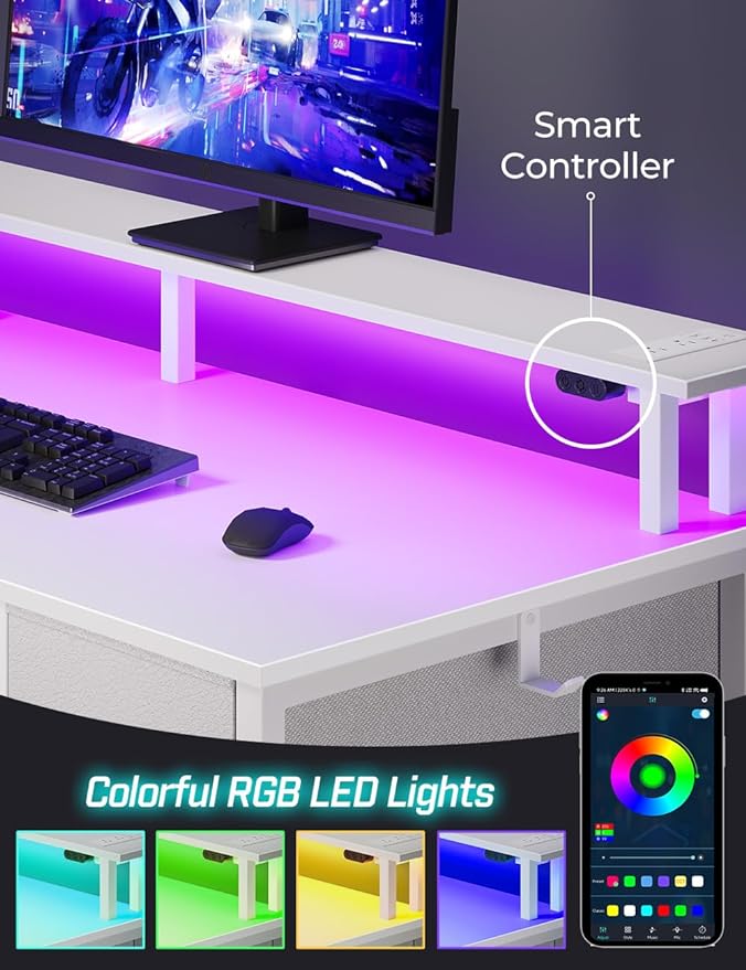 Seventable Computer Desk with Power Outlets & LED Light, 55 inch Home Office - Image 5
