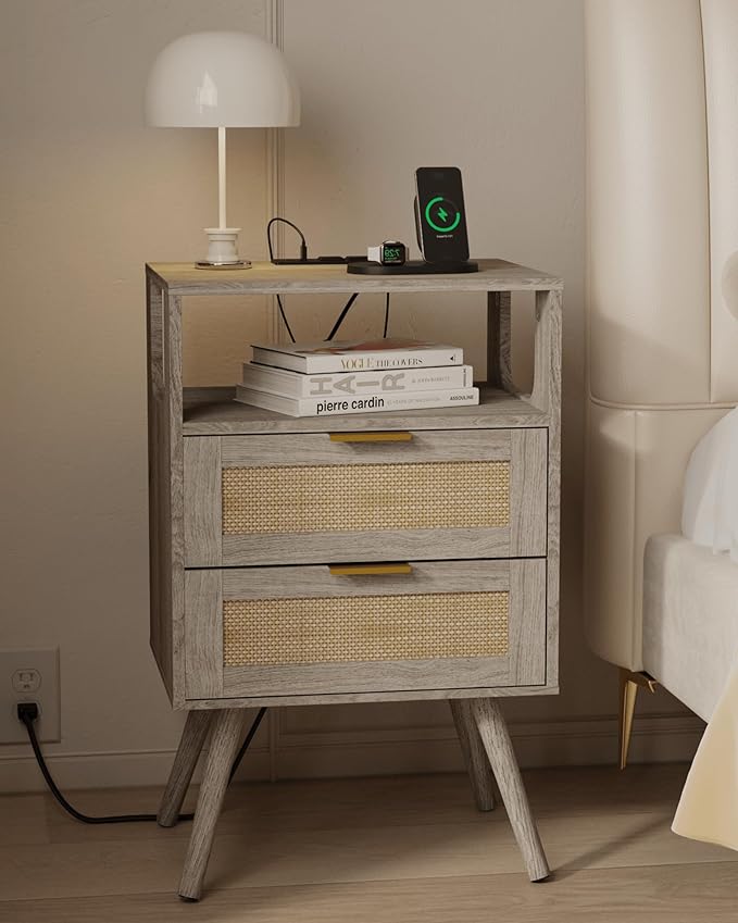 Rattan Nightstand with Charging Station, Farmhouse Bedside Table with 2 Storage by JOONEE